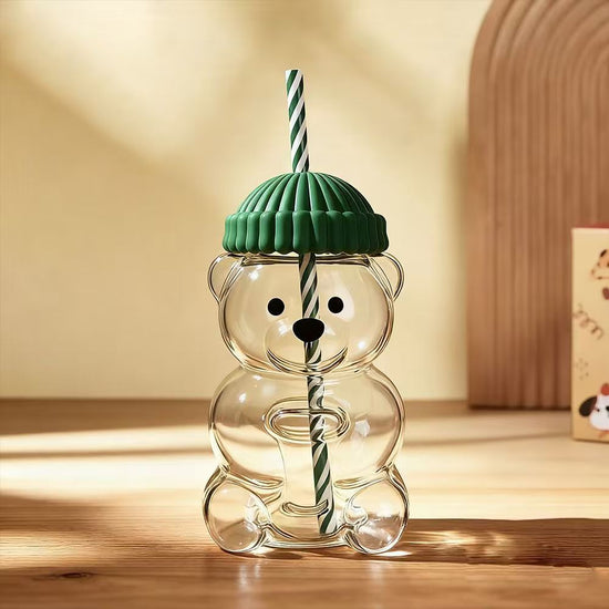Creative Bear Shape Glass Water Bottle with Straw Cute Cartoon Coffee Cup and Cold Drink Tumbler – Green Hat Bear Edition