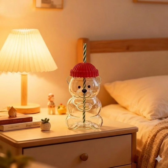 Creative Bear Shape Glass Water Bottle with Straw Cute Cartoon Coffee Cup and Cold Drink Tumbler – Red Hat Bear Edition