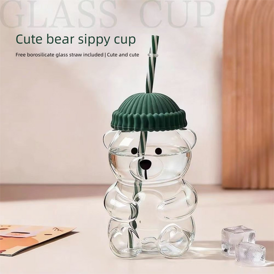 Creative Bear Shape Glass Water Bottle with Straw Cute Cartoon Coffee Cup and Cold Drink Tumbler – Red Hat Bear Edition