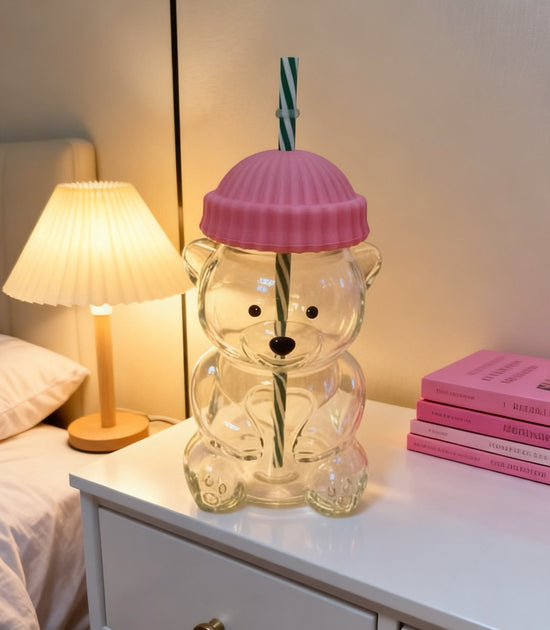 Creative Bear Shape Glass Water Bottle with Straw Cute Cartoon Coffee Cup and Cold Drink Tumbler – Pink Hat Bear Edition