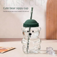 Creative Bear Shape Glass Water Bottle with Straw Cute Cartoon Coffee Cup and Cold Drink Tumbler – Pink Hat Bear Edition