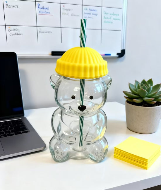 Creative Bear Shape Glass Water Bottle with Straw Cute Cartoon Coffee Cup and Cold Drink Tumbler – Yellow Hat Bear Edition