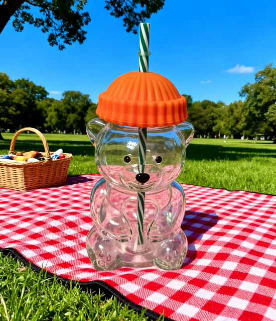 Creative Bear Shape Glass Water Bottle with Straw Cute Cartoon Coffee Cup and Cold Drink Tumbler – Orange Hat Bear Edition
