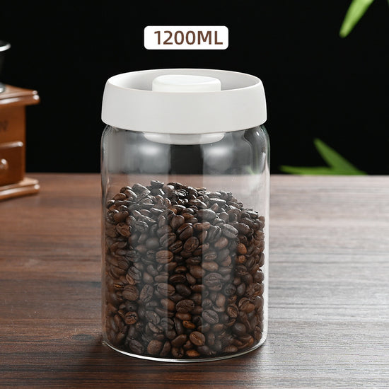 1200ml Large Vacuum Sealed Glass Canister - One-Press Airtight Food Storage Jar - High Borosilicate Coffee Bean Container & Pantry Organiser (White Lid)