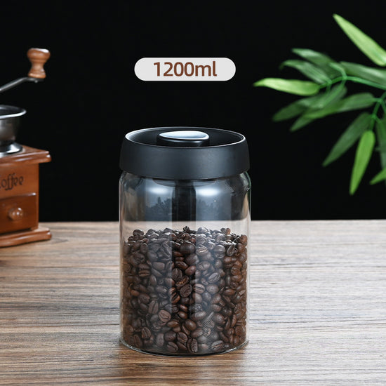 1200ml Large Vacuum Sealed Glass Canister - One-Press Airtight Food Storage Jar - High Borosilicate Coffee Bean Container & Pantry Organiser (Black Lid)
