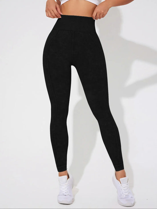 Seamless High Waisted Yoga Leggings 2 PCS Solid Black and Sand Washed Blue Size XL Moisture Wicking Activewear