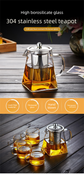 450ml Heat Resistant Glass Teapot with 304 Stainless Steel Infuser Square Base Loose Leaf Tea Maker for Home Office