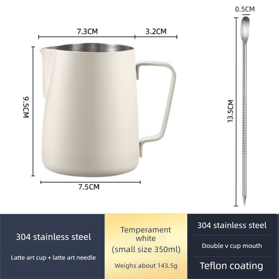 350ml Stainless Steel Milk Frothing Pitcher with Latte Art Pen Pointed Spout Steaming Jug Set for Home Baristas White