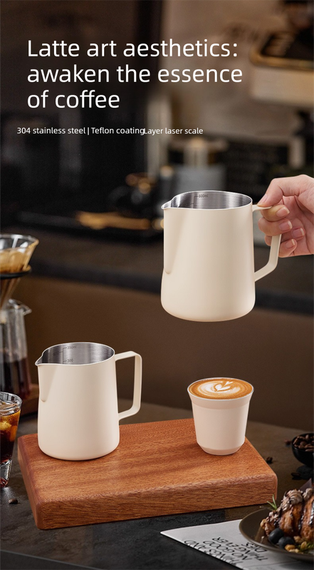 350ml Stainless Steel Milk Frothing Pitcher with Latte Art Pen Pointed Spout Steaming Jug Set for Home Baristas White