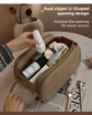 Khaki Premium TPU Leather Dual-Zipper Cosmetic Bag with 3 Dry & Wet Separation Zone - Large Capacity Travel Toiletries Organizer