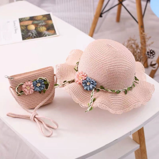 Pink Girls Summer Princess Straw Straw Hat and Matching Purse Set - Breathable Floral Wide Brim Sun Protection Sun Hat