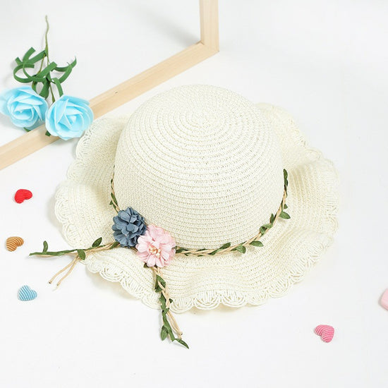 White Girls Summer Princess Straw Straw Hat and Matching Purse Set - Breathable Floral Wide Brim Sun Protection Sun Hat