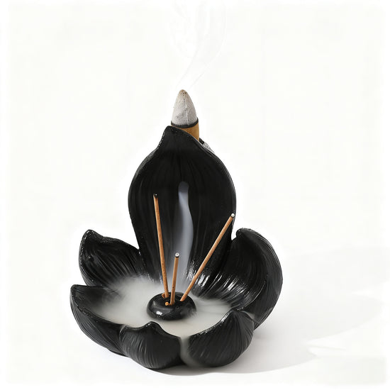 Black Zen Lotus Waterfall Backflow Aroma Diffuser - Premium Elegant Resin Craft for Meditation & Yoga, 10cm Compact Design