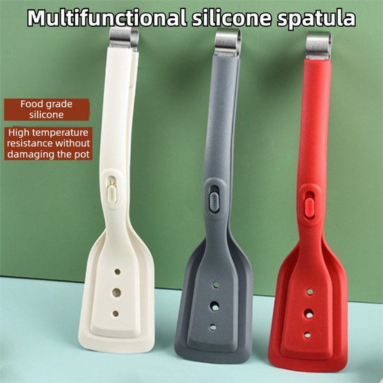 2-in-1 Grey Silicone Spatula Tongs with Locking Clip & Oil Drainage - Non-Stick Heat Resistant Food Flipper & Kitchen Clamp
