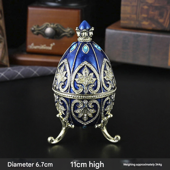 Blue Vintage European Rhinestone Inlaid Embossed Enameled Jewelry Box - Hand-Painted Easter Egg Metal Craft