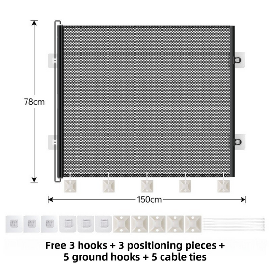 78X150CM Black Retractable Mesh Safety Gate for Pets & Babies - Scratch-Resistant Indoor/Outdoor Security Barrier, No-Drill Installation