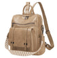 Khaki Retro Soft PU Leather Backpack for Women - Water-Resistant Large Capacity Travel Rucksack with Dual Detachable Straps