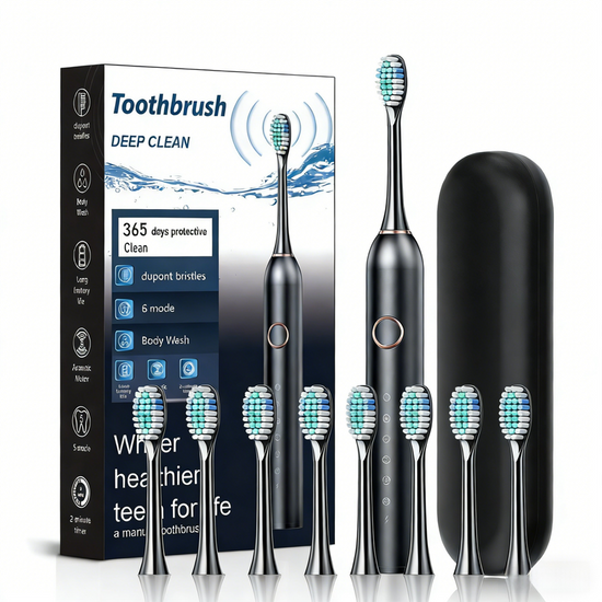 Black Smart Sonic Electric Toothbrush Kit with 8 Heads & Travel Case - 6 X Cleaning Modes and High-Frequency Vibration with Soft Protective Bristles