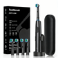 Black Rotating Round Head Electric Toothbrush Kit with 4 Heads, Case & Stand - 3D Oscillating Mechanical Cleaning for Deep Plaque Removal