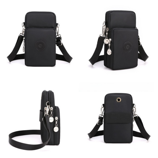 Black 3-Layer Waterproof Nylon Vertical Crossbody Phone Bag -  Lightweight Phone Purse with Headphone Jack & Adjustable Strap