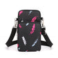 Black Feather 3-Layer Waterproof Nylon Vertical Crossbody Phone Bag -  Lightweight Phone Purse with Headphone Jack & Adjustable Strap