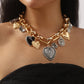 European and American Statement Exaggerated Heart & Floral Rhinestone Necklace - Adjustable Retro Chunky Clavicle Chain (Sliver)