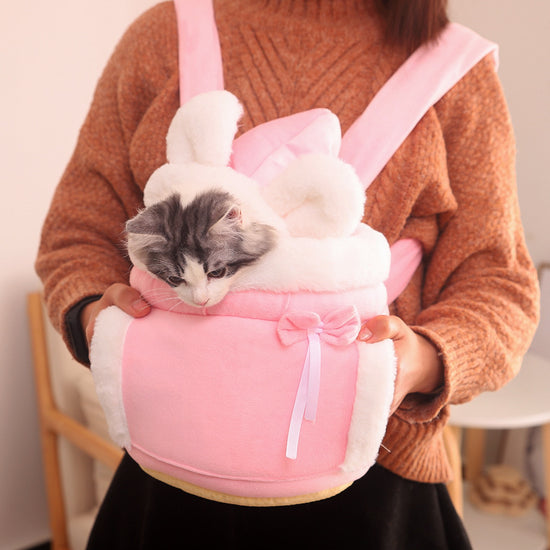 Pink 2-in-1 Ultra-Soft Plush Pet Carrier & Mobile Bed - Portable & Lightweight Cute Rabbit Ear Design Travel Cabin (M 25 x 25 x 20.5CM)
