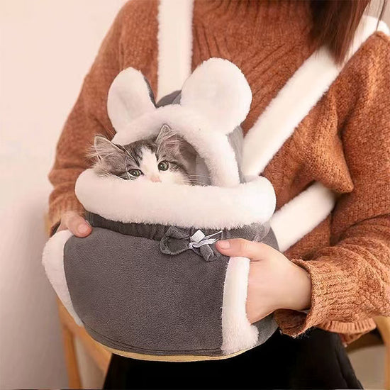 Grey 2-in-1 Ultra-Soft Plush Pet Carrier & Mobile Bed - Portable & Lightweight Cute Rabbit Ear Design Travel Cabin (M 25 x 25 x 20.5CM)