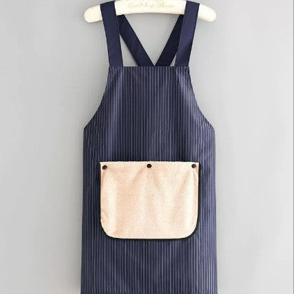 Dark Blue Waterproof & Oil-Proof Cross-Back Kitchen Apron with No-Tie Slip-On Design and Detachable Hand Towels