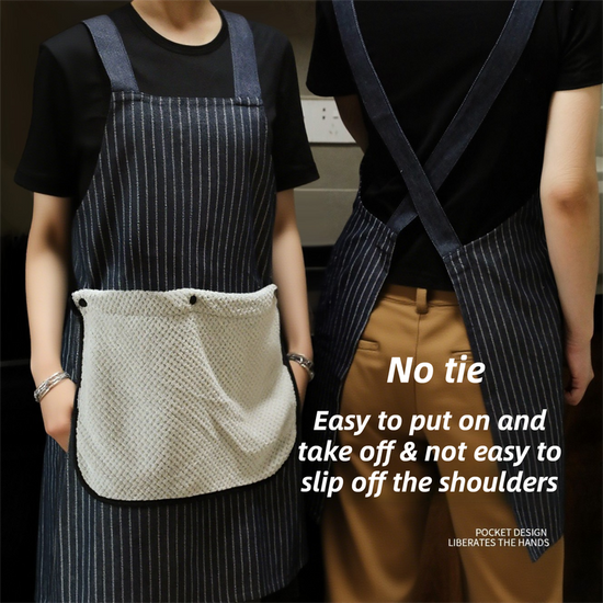 Dark Blue Waterproof & Oil-Proof Cross-Back Kitchen Apron with No-Tie Slip-On Design and Detachable Hand Towels