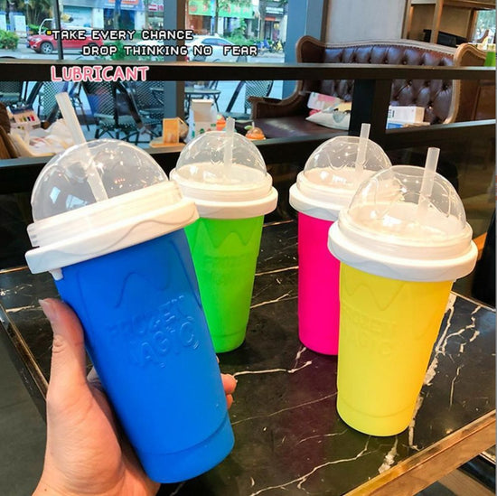 Green Instant DIY Slushie Squeeze Maker Cup - Food-Grade Silicone Double-Layer Cooling Smoothie Cup with 2-in-1 Straw & Spoon