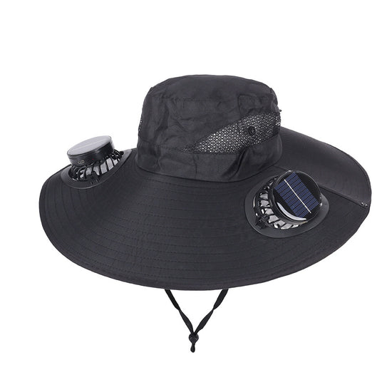 Black Dual Turbo Fan Sun Hat with Round Solar Panel & TypeC Interface - Waterproof 14cm Wide-Brim Cooling Hat for Outdoor Fishing Hiking Camping