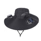 Black Dual Turbo Fan Sun Hat with Round Solar Panel & TypeC Interface - Waterproof 14cm Wide-Brim Cooling Hat for Outdoor Fishing Hiking Camping
