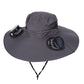 Dark Grey Dual Turbo Fan Sun Hat with Round Solar Panel & TypeC Interface - Waterproof 14cm Wide-Brim Cooling Hat for Outdoor Fishing Hiking Camping
