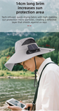 Dark Grey Dual Turbo Fan Sun Hat with Round Solar Panel & TypeC Interface - Waterproof 14cm Wide-Brim Cooling Hat for Outdoor Fishing Hiking Camping