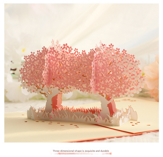 3D Handcrafted Cherry Blossom Pop-Up Greeting Card - Handwritten Paper Sculpture Card for Valentine&