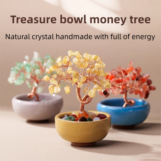 Natural Blue Crystal Money Tree with Agate Basin & Adjustable Wire Branches - Desktop Feng Shui Decor for Wealth and Prosperity