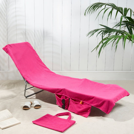 2-in-1 Pink Microfiber Sun Lounger Towel & Portable Tote Bag - Sand-Free & Quick Dry Beach Chair Cover with Side Pockets (75x211cm)