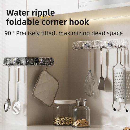 180° Foldable Hidden Hook Rail with Reusable Suction Cup - Waterproof Water Ripple Rack for Bathroom & Kitchen (Black-Transparency)