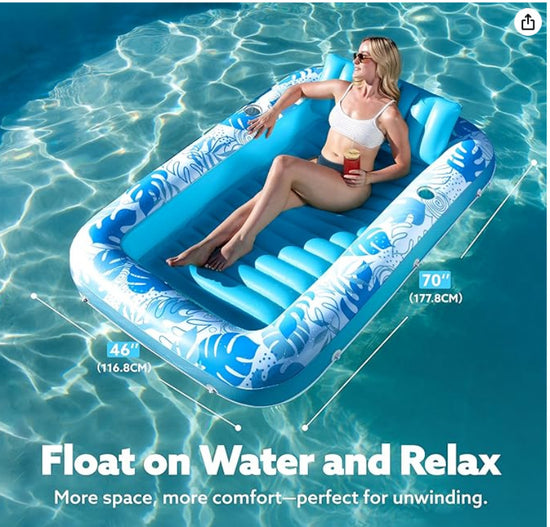 180x118CM Gold Deluxe Inflatable Suntan Tub & Floating Pool Lounger with Dual Integrated Cup Holders and Pillow - Portable Sunbathing Pool for Lawn & Water