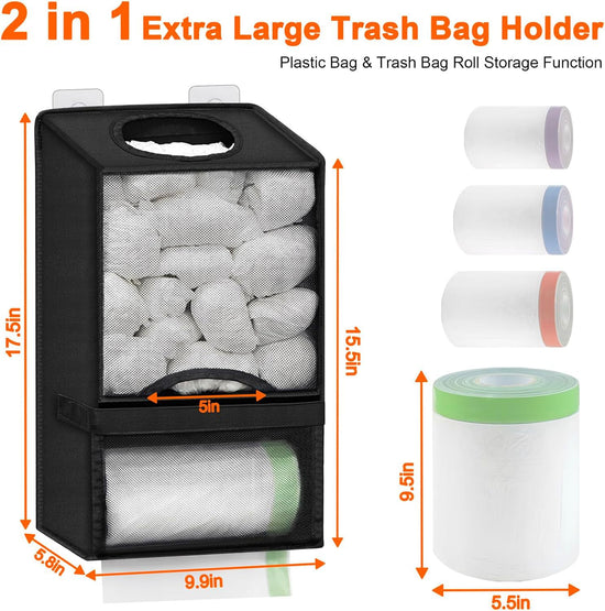 2-in-1 Grey Kitchen Plastic Bag & Trash Bag Roll Dispenser - Hanging Grocery & Produce Bag Organizer (17.5x9.9x5.8 inch)