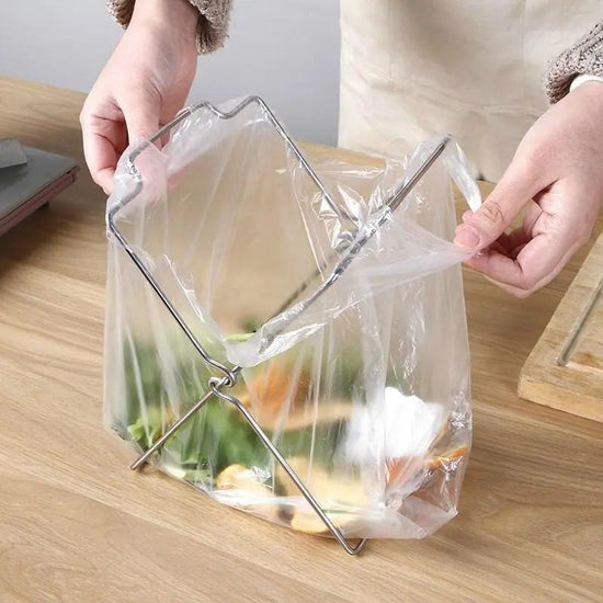 2-Pack Foldable Stainless Steel Trash Bag Holder (17 x 21 CM) - Multi-Functional Kitchen Countertop Organizer for Plastic Bag & Dishcloth