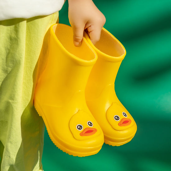 Cute Yellow Duck Kids Rain Boots with Removable Warm Cotton Liner - Waterproof Anti-Slip Toddler Wellies for Foot Length 14CM