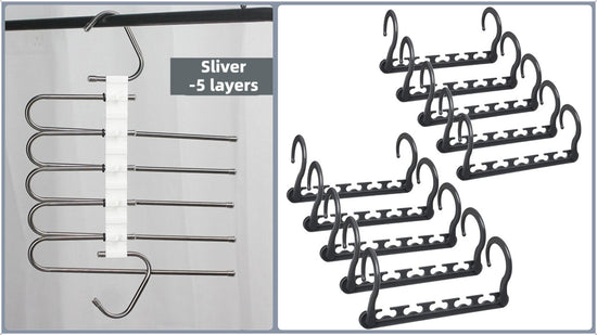 5-Tier Sliver Stainless Steel Pants Rack and 10-Pack Magic Cascading Hangers Set - Space-Saving Closet Organizer Kit