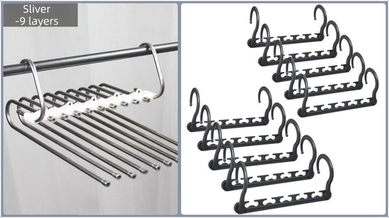 Ultimate Closet Space-Saver Set: 9-Tier Sliver Stainless Steel Retractable Pants Rack & 10-Pack Multi-Port Magic Hangers