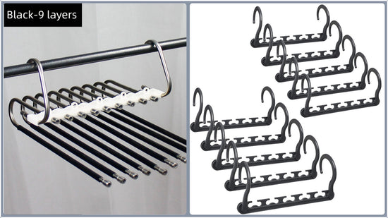 Ultimate Closet Space-Saver Set: 9-Tier Black Stainless Steel Retractable Pants Rack & 10-Pack Multi-Port Magic Hangers