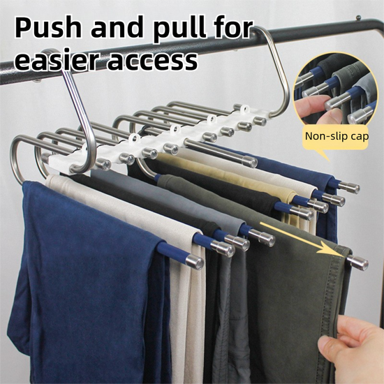 5-Layers Sliver Stainless Steel Pants Rack with Horizontal / Vertical Modes and Expandable Pull-Out Rods - High-Load Folding Magic Hanger