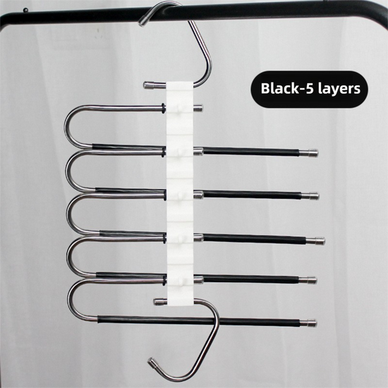 5-Layers Black Stainless Steel Pants Rack with Horizontal / Vertical Modes and Expandable Pull-Out Rods - High-Load Folding Magic Hanger