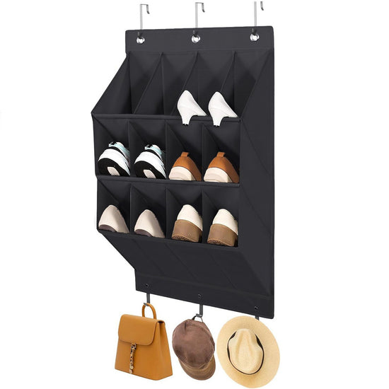 12-Pockets Black Collapsible Over-the-Door Hanging Storage Bag - Space-Saving Shoes & Sundries Wall Holder with Hooks