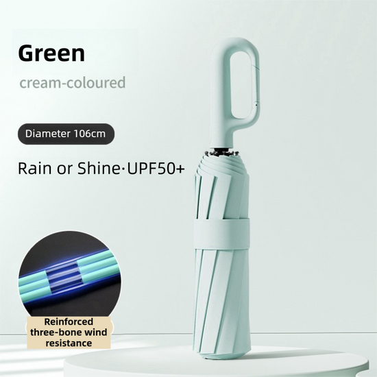 Green Heavy Duty Fully Automatic Carabiner Umbrella with Integrated Hook Handle (Diameter 106CM) - Ultra Windproof and UV Protective Sun & Rain Umbrella
